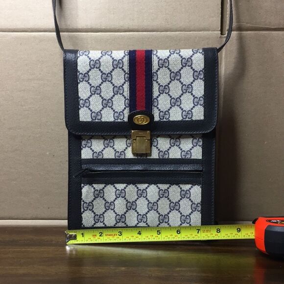 GUCCI GG Ophidia Sherryline Stripe Navy Leather Grey Coated Canvas MessengerBag - Picture 13 of 17